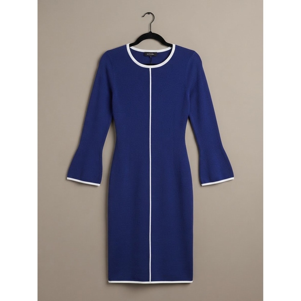 Navy Blue Long Bell Sleeve Sweater Dress Coastal Preppy Acadamia Old Money M New